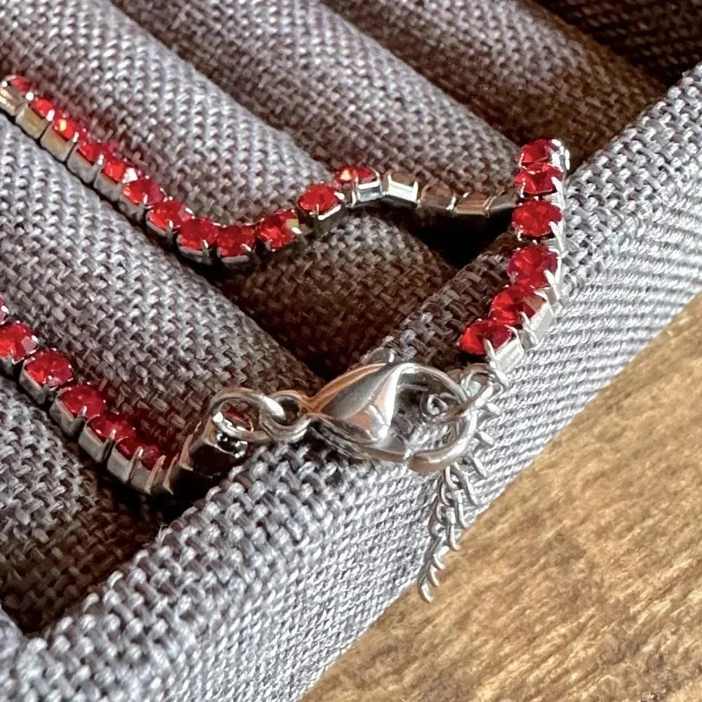 Waterproof Ruby Red Colored CZ Stainless Steel Tennis Bracelet July Birthstone - Picture 3 of 4